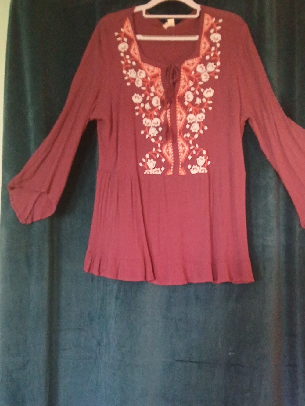 Boho Embroidered Peasant Top - Wine Red